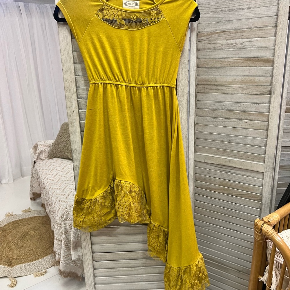 Joyfolie Mustard Dress with Lace Hem